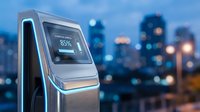 Modern electric vehicle charging station with digital display showing 85% battery level against blurred city skyline at dusk for sustainable transportation.
