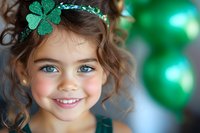 Young girl with curly brown hair wearing green dress and sparkly shamrock hair accessory smiles brightly against blurred festive background for St Patrick's Day celebration.