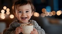 Happy toddler in gray sweater holding warm cup with marshmallows against blurred bokeh lights background, expressing joy and childhood wonder during winter season.