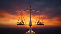 Golden scales of justice with wheat and gears at dramatic sunset, symbolizing balance between agriculture and industry.