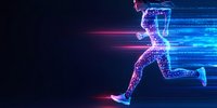 Digital wireframe runner with glowing blue and pink light trails on dark background, representing sports technology and motion tracking.