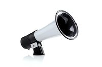 White and black megaphone on stand isolated on white background. Modern loudspeaker for public speaking and announcements. Clean professional marketing device.