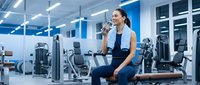 Young athletic woman drinking water from bottle while resting on bench in modern fitness center after workout session.