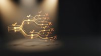 Glowing golden decision tree with check marks and crosses on dark background, spotlit for business strategy and workflow concepts.