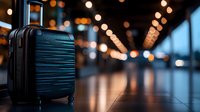 Black hardshell suitcase in airport terminal with blurred bokeh lights in background, reflecting on polished floor. Ready for travel adventure.