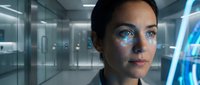 Young woman with futuristic digital interface projection on face in modern laboratory setting for technology and innovation concepts.