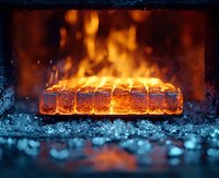 Glowing hot metal bar with intense flames and sparks against dark background, dramatic contrast between fire and cooling metal surface creates mesmerizing industrial scene.