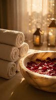 Luxury spa setting with rolled towels and wooden bowl filled with rose petals in warm candlelit atmosphere for relaxation and wellness treatments.