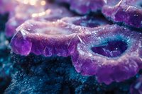 Vibrant purple amethyst crystal geode formation with deep blue mineral base, showcasing natural crystalline structures in macro photography detail.