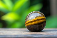 Tiger eye crystal sphere on wooden surface against blurred green natural background, showcasing golden brown bands and reflective surface properties.
