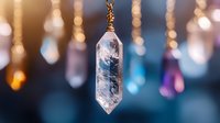 Crystal pendant with mountain scene inside hanging against blurred bokeh lights background, creating magical ethereal atmosphere for spiritual and decorative designs.