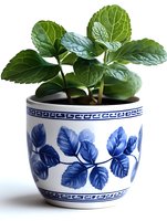 Fresh green plant with glossy leaves growing in traditional blue and white ceramic pot with leaf pattern design, isolated on white background for home decor.