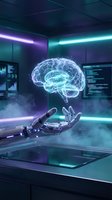 Robotic hand presenting holographic brain in futuristic laboratory with neon lighting for artificial intelligence and machine learning concepts.