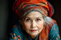 Elegant mature Caucasian woman wearing vibrant orange and turquoise headscarf with ethnic pattern, silver hair and classic red lipstick against dark background. Close up portrait.