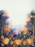 Watercolor Halloween background with jack-o-lanterns, bats, ghosts, and spooky trees, featuring copy space for text or design.