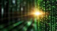 Digital matrix code with bright light burst representing cybersecurity, data processing and futuristic technology concepts for business presentations.
