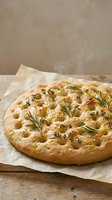 Freshly baked focaccia bread with rosemary and thyme herbs steaming on parchment paper, rustic homemade Italian flatbread for cooking and baking concepts.