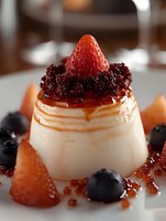 Creamy panna cotta dessert topped with fresh strawberries, blueberries, chocolate crumbs and caramel sauce on white plate, close up view of Italian cuisine.