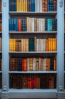 Vintage hardcover books arranged on light blue wooden bookshelf, featuring various sizes and colors including yellow, blue, brown and red spines in classic library setting.