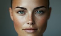 Close up portrait of young woman with natural freckles, bright blue eyes and flawless skin against blurred teal background, beauty and skincare concept.