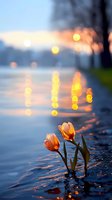Orange tulips blooming by wet street at dusk with glowing bokeh lights reflecting on rainy surface, creating romantic spring atmosphere.