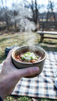 Steaming hot chili bowl held in hands outdoors on picnic table with beans, meat, green onions garnish for comfort food dining and winter warming meals.