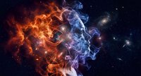 Colorful smoke swirls in orange and blue hues against starry space background creating abstract cosmic energy patterns for creative design projects.
