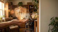 Family protection and insurance concept with hand holding glowing shield symbol over household interior background.