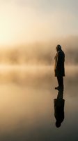 Silhouette of contemplative man standing in misty lake water at golden sunrise with reflection creating serene atmospheric mood for meditation concepts.