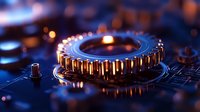 Metallic gear mechanism with golden reflections on dark background with bokeh lights. Industrial machinery parts close-up showing technical engineering detail.