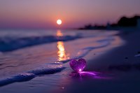 Purple heart-shaped crystal on wet sand beach at romantic sunset with ocean waves and golden light reflection creating dreamy coastal atmosphere.