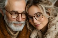 Senior man with glasses and beard embracing young blonde woman in cozy sweaters. Intergenerational family portrait showing warmth and connection.