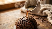 Coffee poured into brain-shaped mold on wooden surface with scattered beans and neutral fabric, representing creativity, innovation, and intellectual stimulation for design projects.