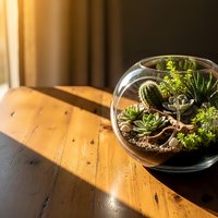 Glass terrarium with succulent plants and decorative elements on wooden table in warm sunlight for home decor and indoor gardening projects.