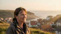 Middle-aged woman with brown hair gazing at coastal village landscape during golden hour. Suitable for travel, lifestyle, and tourism marketing materials.