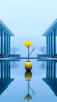 Single yellow tulip in gold vase centered between modern architectural structures with reflecting pool creating mirror effect in serene blue atmosphere.