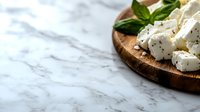 Fresh mozzarella cheese with basil leaves on rustic wooden cutting board against white marble background, selective focus for food photography.