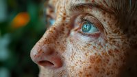 Close up portrait showing bright blue eye and natural freckles on fair skin against blurred green background, side view facial profile with soft natural lighting.