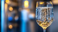 Elegant champagne glass filled with sparkling wine against blurred restaurant background with warm golden bokeh lights creating luxurious dining atmosphere.