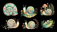 Watercolor snails clipart set with floral folk art shells, isolated on transparent background, ready for stickers, t-shirt design, print on demand, and sublimation.
