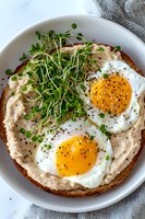 Toasted bread topped with creamy hummus spread, fresh microgreens, and two sunny side up eggs seasoned with black pepper, served on white plate for breakfast.