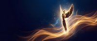 Ethereal female figure with flowing golden fabric against starry night sky creating magical fantasy scene for spiritual and mystical design projects.