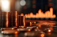 Stacks of copper coins with financial chart glowing in orange background, shallow depth of field creates dramatic lighting for business and investment concept.