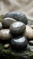 Wet smooth river stones with water droplets stacked in zen arrangement on moss-covered surface for spa wellness meditation and natural therapy concepts.