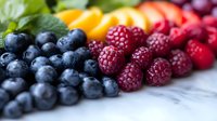 Fresh colorful berries arranged in rainbow gradient on marble surface, including blueberries, raspberries, and citrus fruits. Healthy eating and food photography concept.