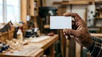 Craftsman holding blank white card in woodworking workshop with tools and wooden materials, suitable for business branding and trade promotion.