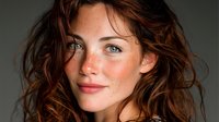 Young Caucasian woman with wavy brown hair and freckles smiling naturally with soft lighting for beauty and skincare campaigns.
