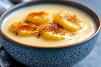 Creamy vanilla pudding topped with caramelized banana slices and cinnamon in blue ceramic bowl, close up view of homemade dessert against blurred background.