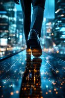 Business shoes walking on glowing digital circuit path against urban night cityscape background, futuristic technology concept for corporate innovation.