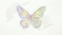 Delicate watercolor butterfly with soft purple and green wings on light background for spring designs, nature art, and feminine decorative projects.